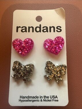 Pink Glitter Heart & Gold Glitter Bow Earring Set